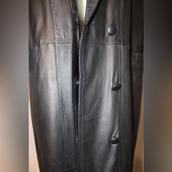 VINTAGE 80s 90s Savannah Black Genuine Leather Long Trench Coat Jacket - Picture 8 of 13